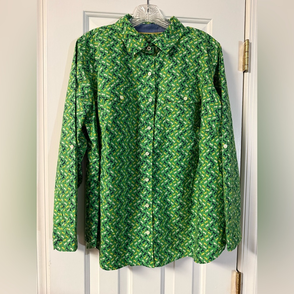 Talbots Women’s Petite Button Down Shirt Horse Print Green Cotton Size 18P